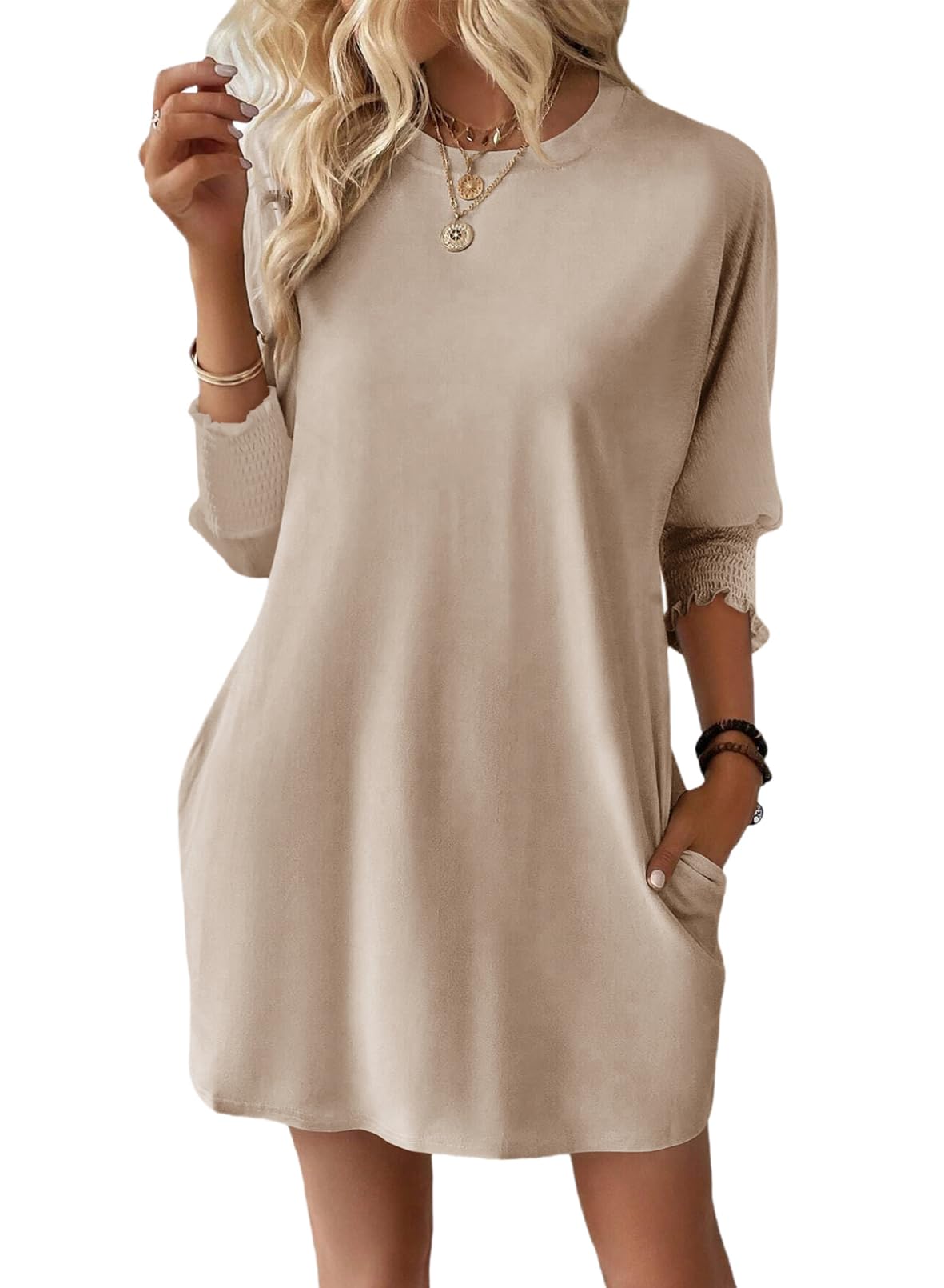 Dokotoo Kleid Damen Sommer Lässig Sommerkleider Rundhals 3/4 Ärmel Minikleid Sonnenkleid Einfarbig Kurzarm Strand Kleider Frühlings Sommerkleid Lockeres Freizeitkleid S-XXL
