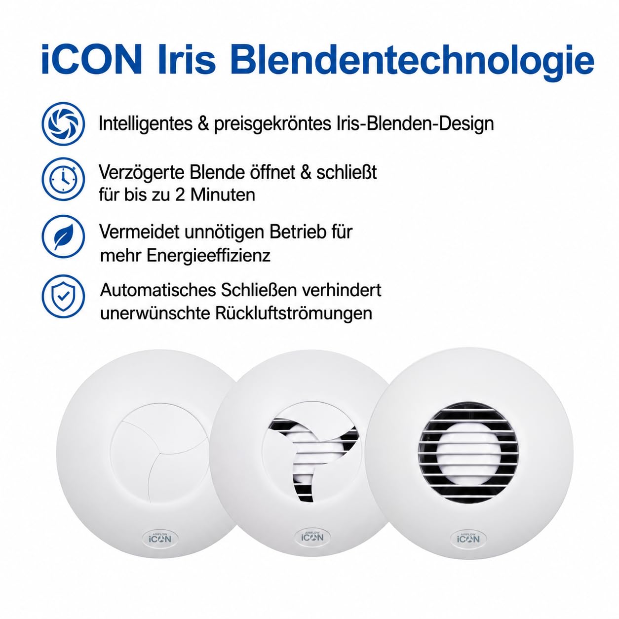 Airflow iCON 15 Badlüfter 100 mm, Abluftventilator 19 l/s, 9,4 W für Wand- & Deckenmontage mit Iris-Rückstauklappe, optional mit Feuchte-, PIR- oder Timer-Modul, 3 Jahre Garantie