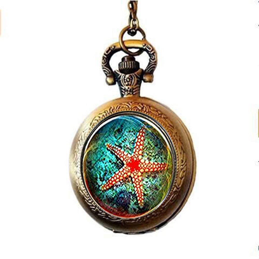 DYB engraved watch for men, Marine Creatures Starfish Glass Cabochon Pocket Watch Necklace, Fashion Jewelry Best Gift