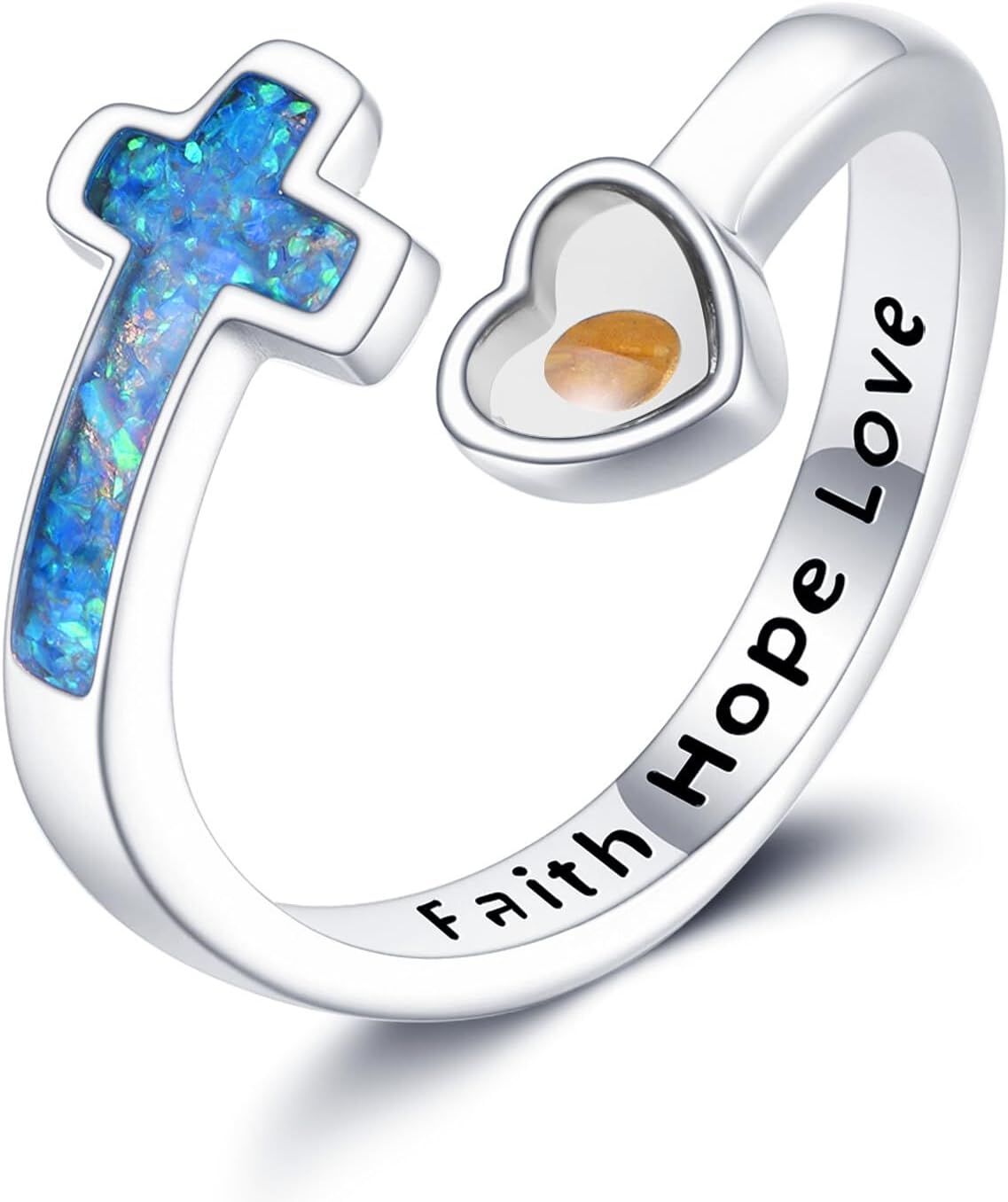 Mustard Seed Cross Ring 925 Sterling Silver Opal/Blue Opal Jewelry Faith Adjustable Ring Gifts for Women Lover