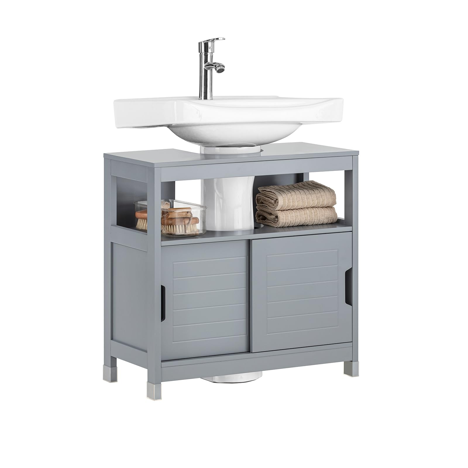 SoBuy Waschbeckenunterschrank Badezimmerschrank - Badschrank mit Fußpolster, Unterschrank Waschbecken - Kommode für Badezimmer, Badmöbel, Stahlgrau, 60x61x30 cm, FRG128-II-SG