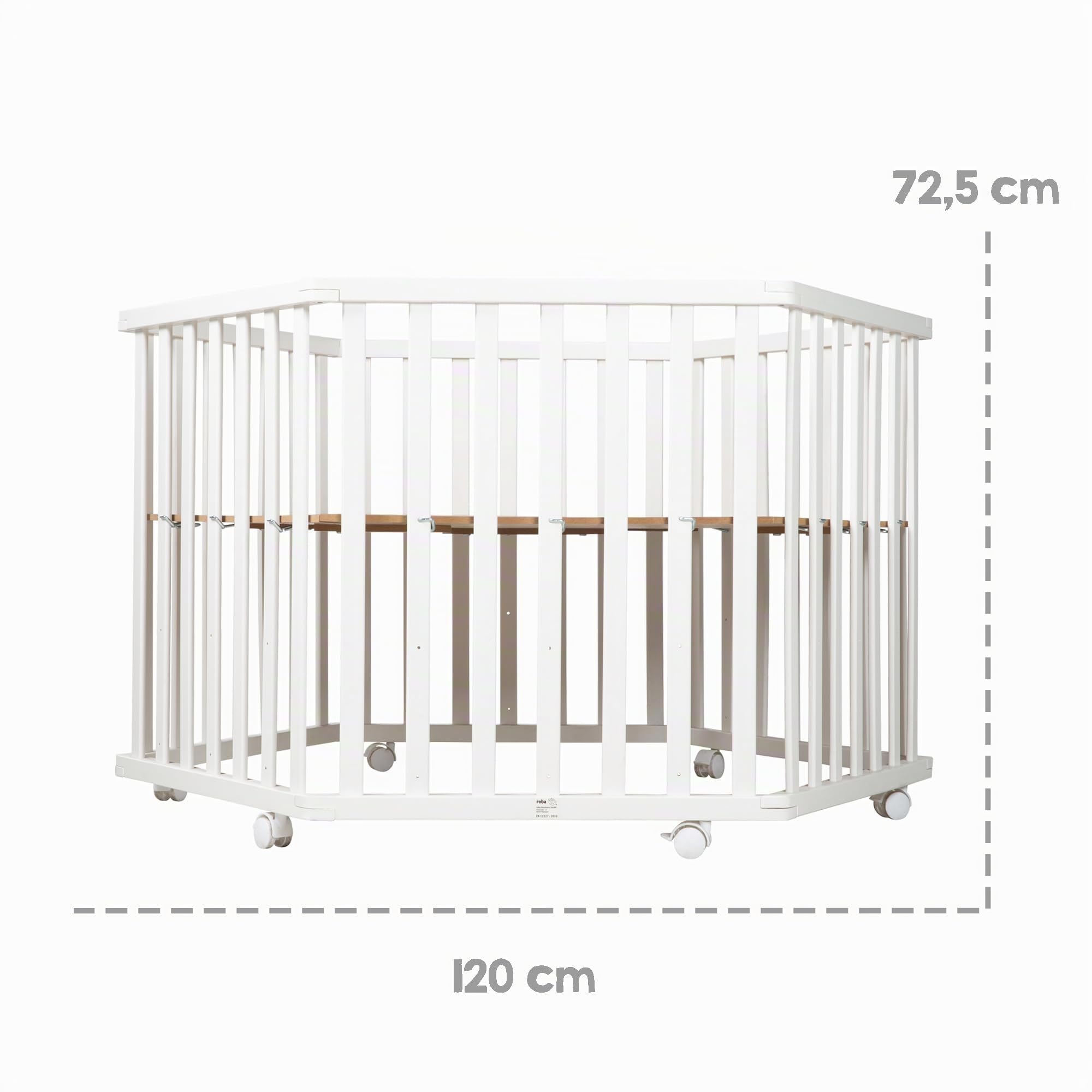 roba Parc hexagonal en bois blanc – parc pour bébé mobile avec roulettes et tour de protection matelassée “Graphite” en cuir végan – barrière de sécurité réglable en hauteur