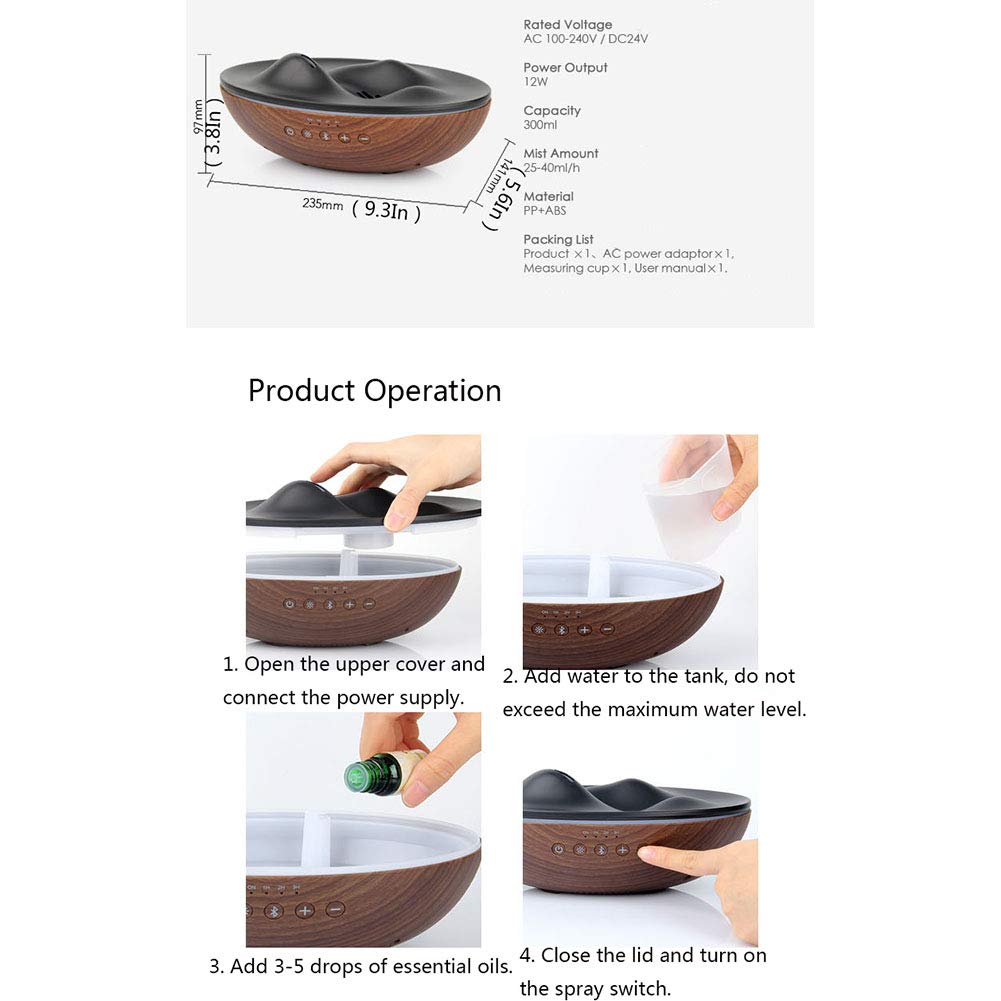 XRXX Diffusori di Aromi di 300 Ml Diffusori di Oli Essenziali di Legno Diffusore di Umidificatori Bluetooth Ad Ultrasuoni PP Semplici E Sicuri da Utilizzare Deep Wood Grain