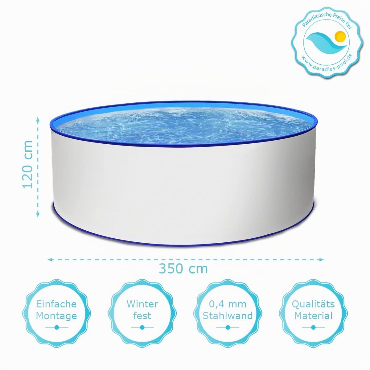 Paradies Pool® Aufstellpool Becken Set - Gartenpool mit Stahlwand in rund mit Blauer Folie inkl. hochwertigen Skimmer mit Einlaufdüse (350 x 120)