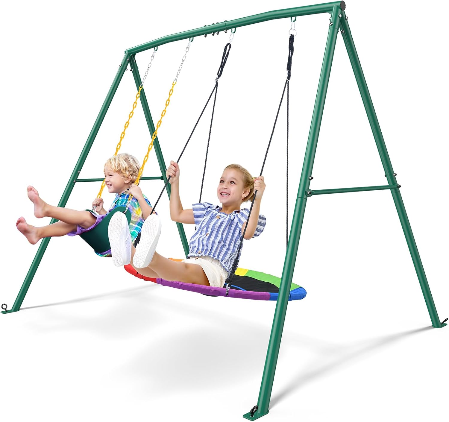 Trekassy 440lbs 2 Seat Swing Sets for Backyard, 1 Saucer Swing and 1 Belt Swing with Heavy Duty Outdoor A-Frame Metal Swing Stand for Playground, Playset Green INCOMPLETE