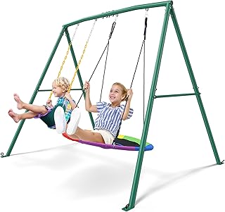 Trekassy 440lbs Capacity Swing Sets for Backyard - 2 Seat Outdoor Playset with Saucer & Belt Swing, Heavy-Duty A-Frame Metal Stand for Kids Family Fun