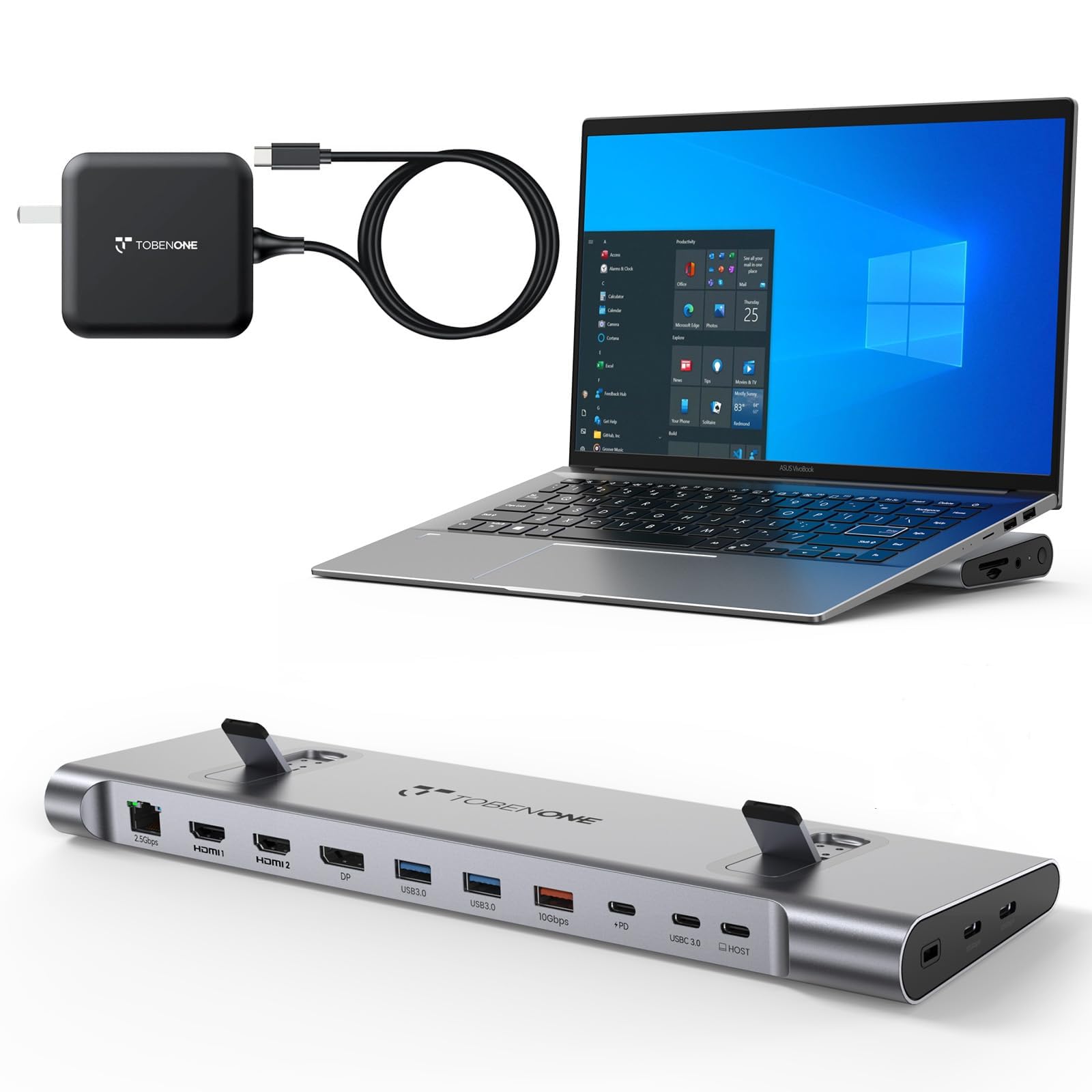 TobenONE USB-C Docking Station for 3 Monitors and Dual Monitor, Laptop Dock Stand with 100W GaN III Charger, 2.5Gbps Ethernet, 2 HDMI & DP (4K@120Hz), 6 USB Ports