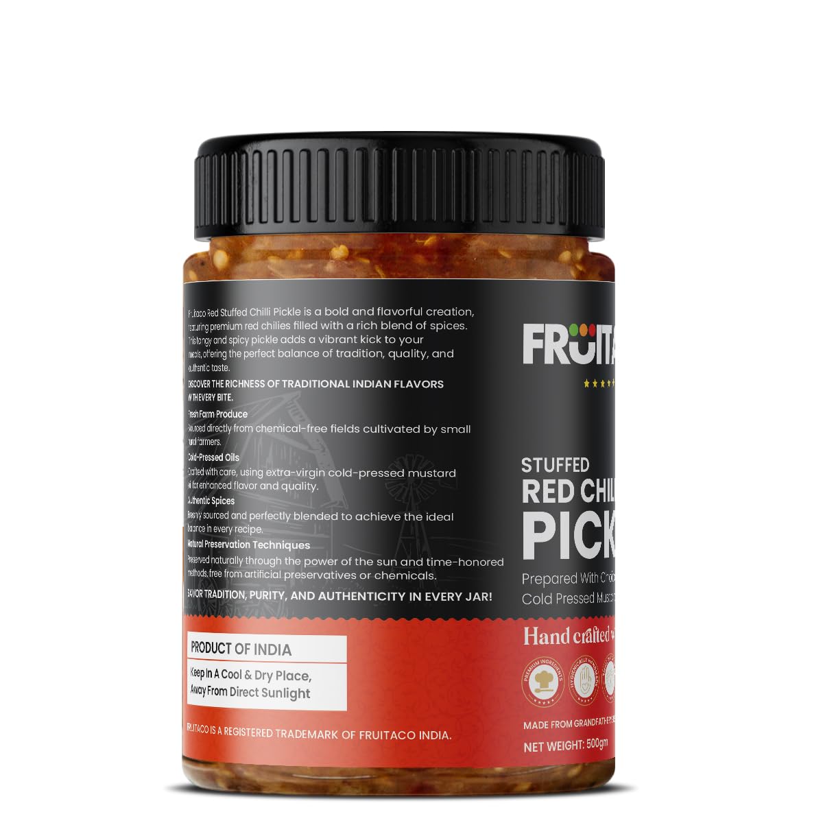 Fruitaco Red Chilli Pickle – Authentic Indian Pickle with Tangy and Spicy Flavor | Perfect Side for Meal (500 Gm, Stuffed Red Chilli Pickle) - Image 3 thumbnail