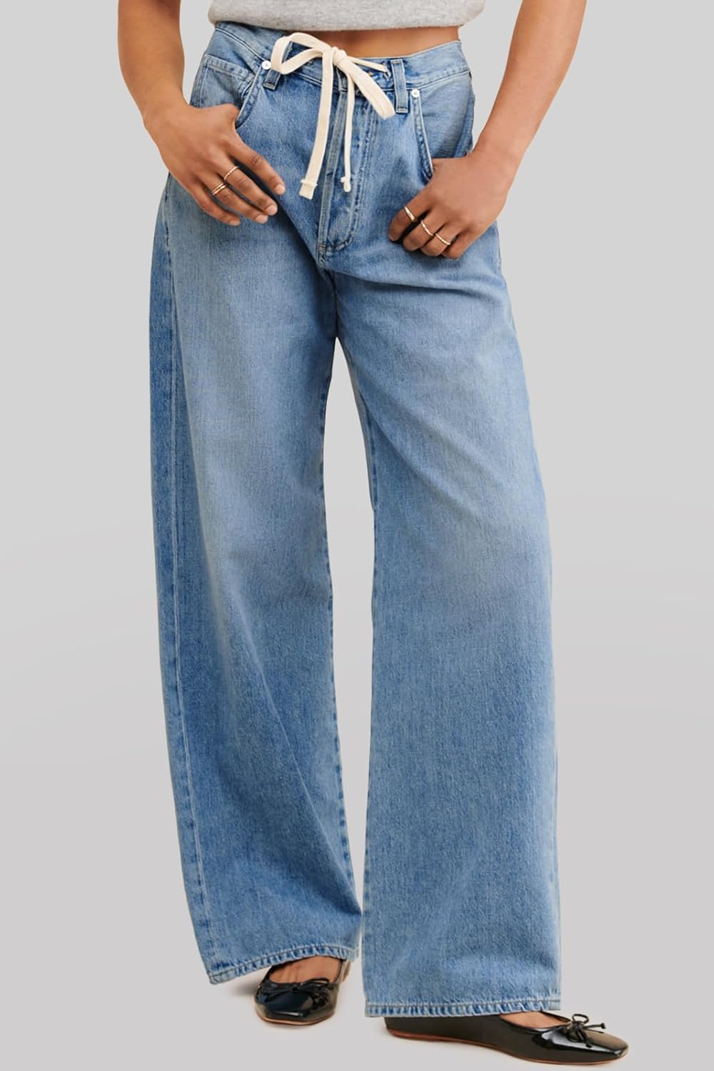 Cicy Bell Womens Wide Leg Jeans Drawstring High Waisted Baggy Straight Leg Jeans Trendy Boyfriends Denim Pants with Pockets