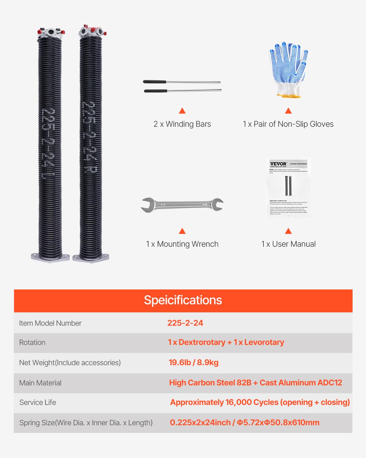 VEVOR Resortes de Torsión para Puertas de Garaje con Barras de Enrollado Antideslizantes y Guantes, Par de Φ5,72 x Φ50,8 x 610 mm, 16 000 Ciclos, Revestimiento Negro de Electroforesis para Reemplazo