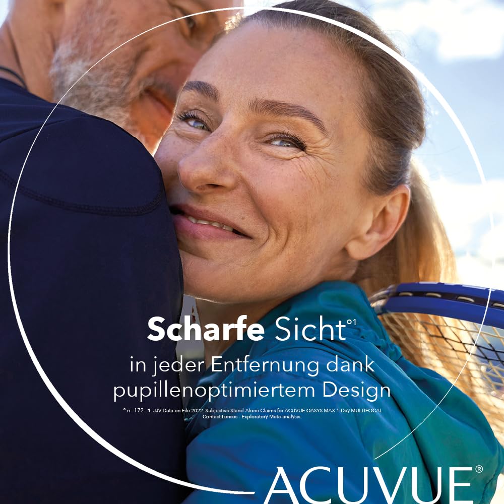 ACUVUE OASYS MAX 1-Day MULTIFOCAL Tageskontaktlinsen – 90 Gleitsichtlinsen für den Nah-, Zwischen- und Fernbereich – Tageskontaktlinsen mit +1.25 dpt und BC 8.4 – UV Schutz & angenehmes Tragegefühl