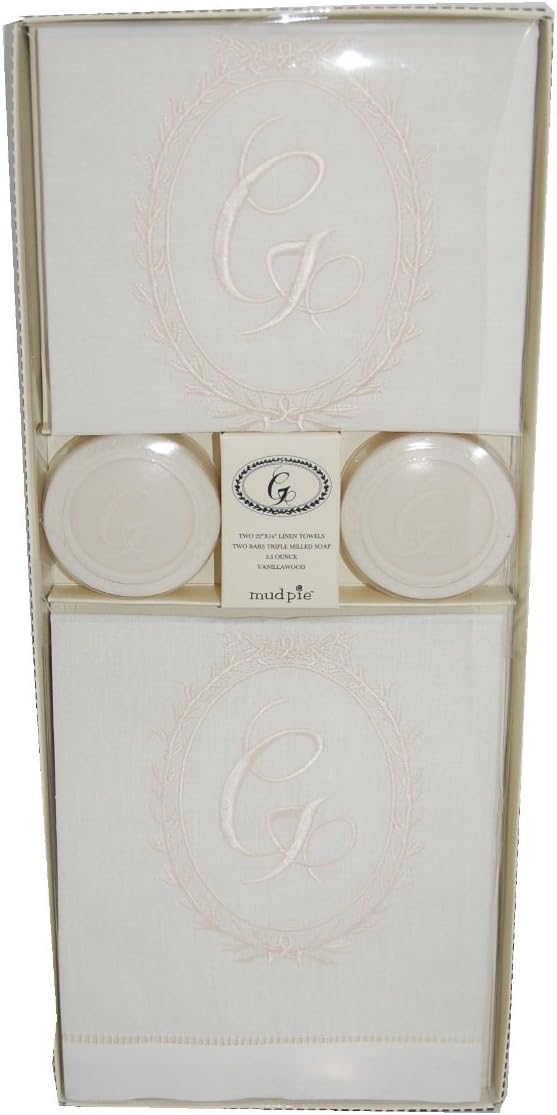Mud Pie Initials Cosmopolitan Home Linen Towels and Round Soap Set, Letter G