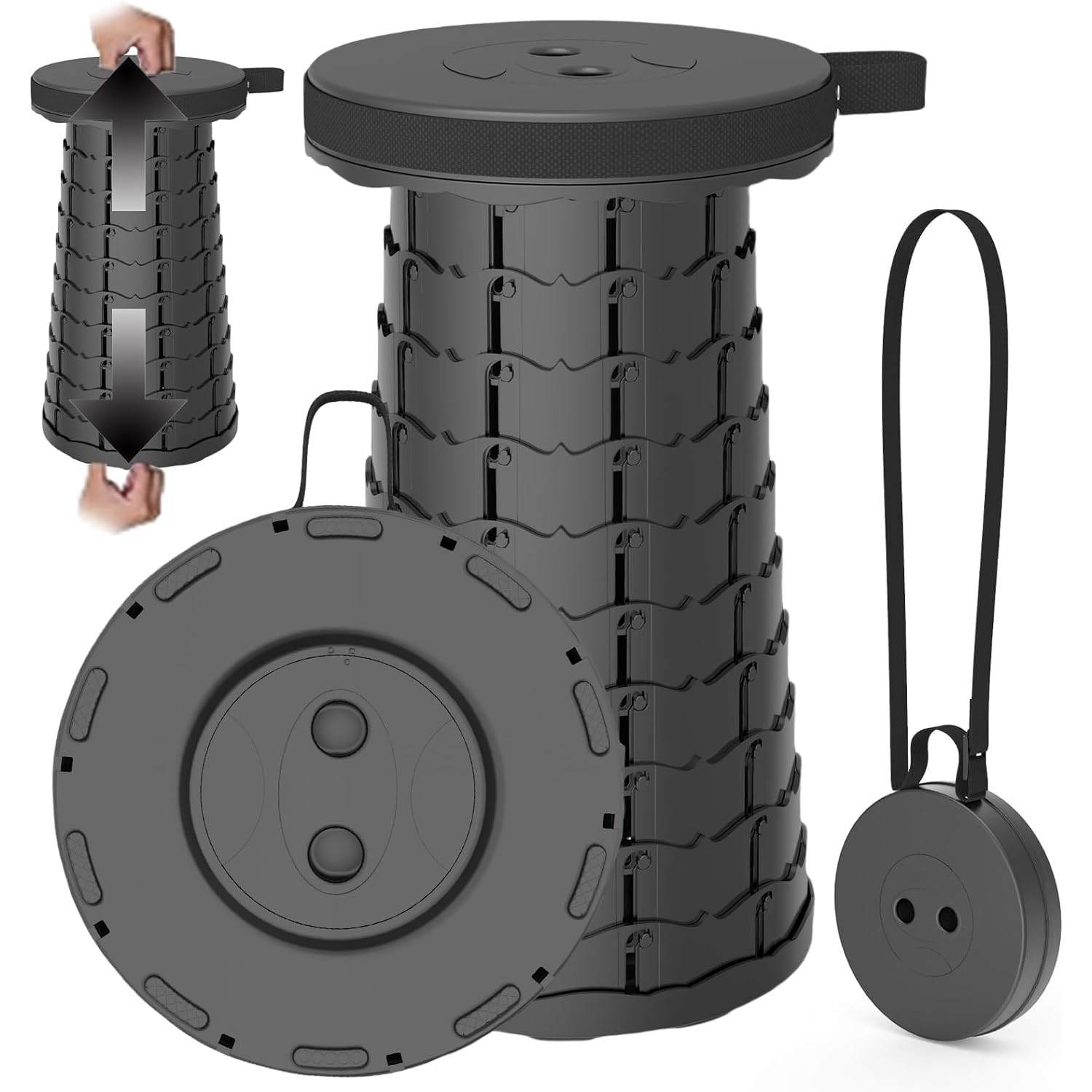 Collapsible Folding Stool, Portable Retractable Telescoping Foldable Camping Stool, Adsjustable Folding Stool for Outdoor Fishing Hiking Gardening Travel BBQ Max Loading 200kg (Black)