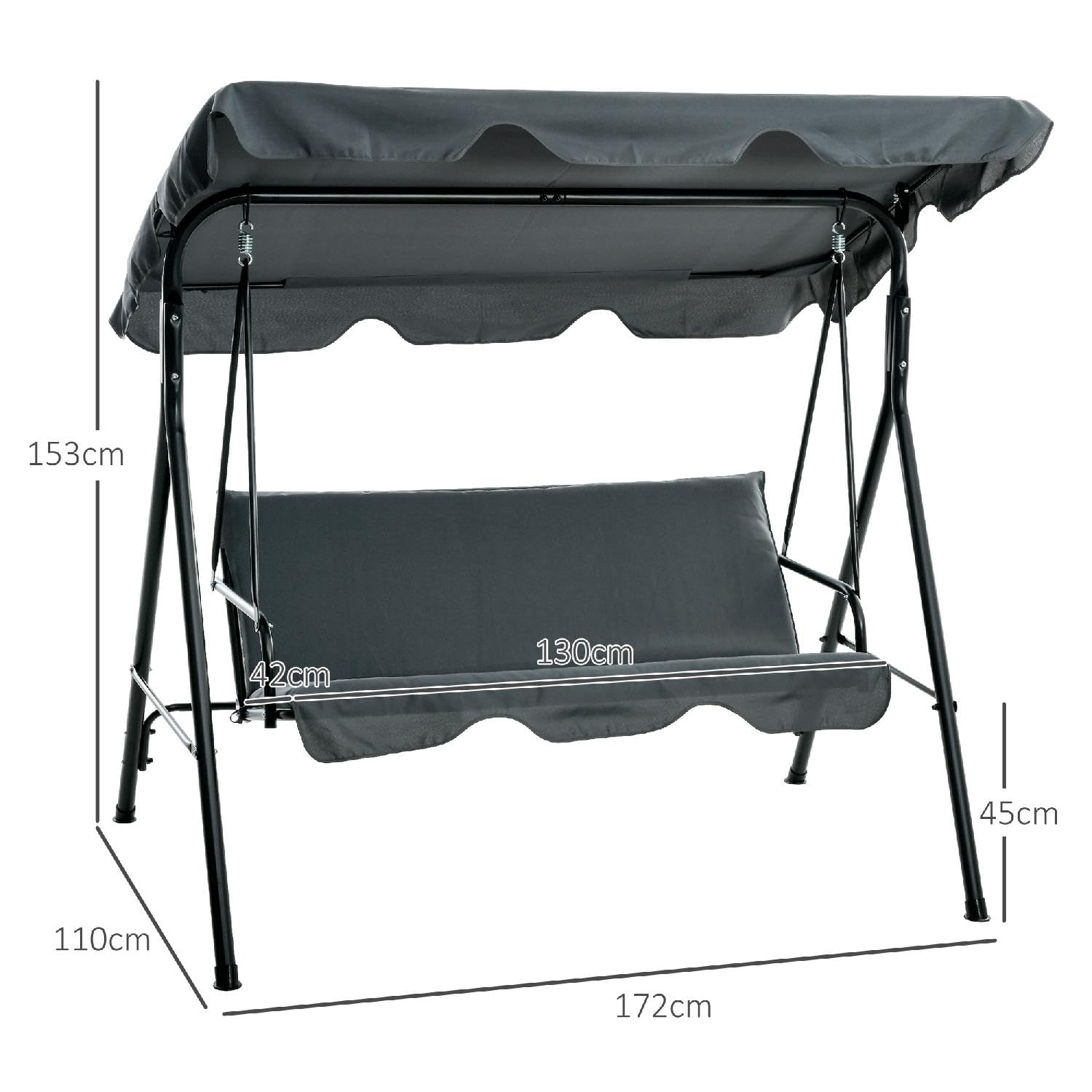 Dondolo da Giardino 3 Posti con Tettuccio Parasole in Acciaio/Poliestere Dimensioni 172x110x153 cm Colore Grigio