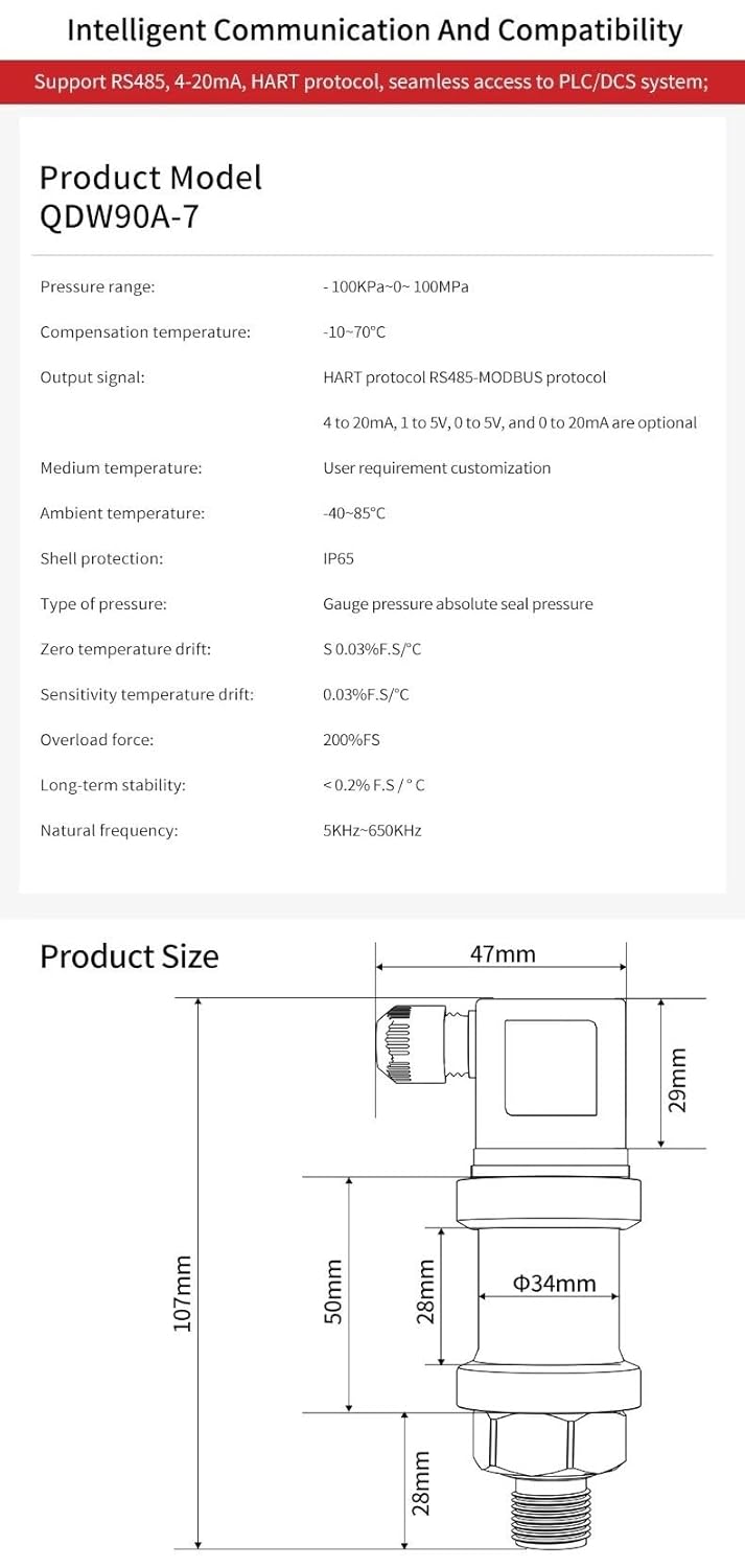 G1/4 Pressure Transmitter Sensor 16Mpa 25Mpa 50Mpa 60Mpa 80Mpa to 4-20mA 0-10V RS485 for Gas Oil Water(0-5Mpa)