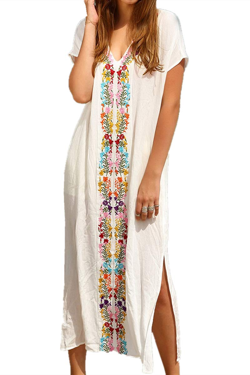 Summer Cotton Embroidered Floral Loose Caftan Boho Beach Bikini Cover Up Dress Plus Size Robe for Women