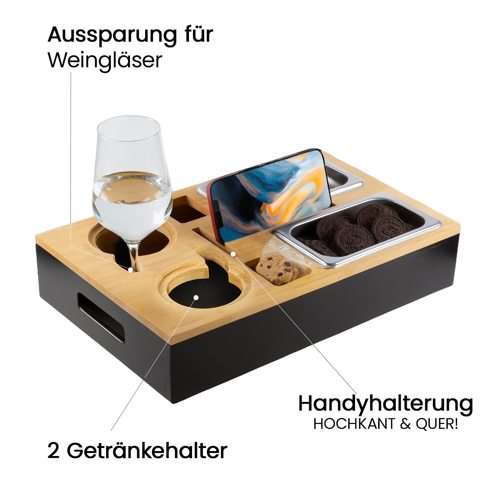 Couchbar Snackbox mit 2 Edelstahlschalen – 5-in-1 Snackbar fürs Sofa aus 100% lackiertem Bambus, wasserfest mit Magnetdeckel & integrierten Getränkehaltern (Schwarz)