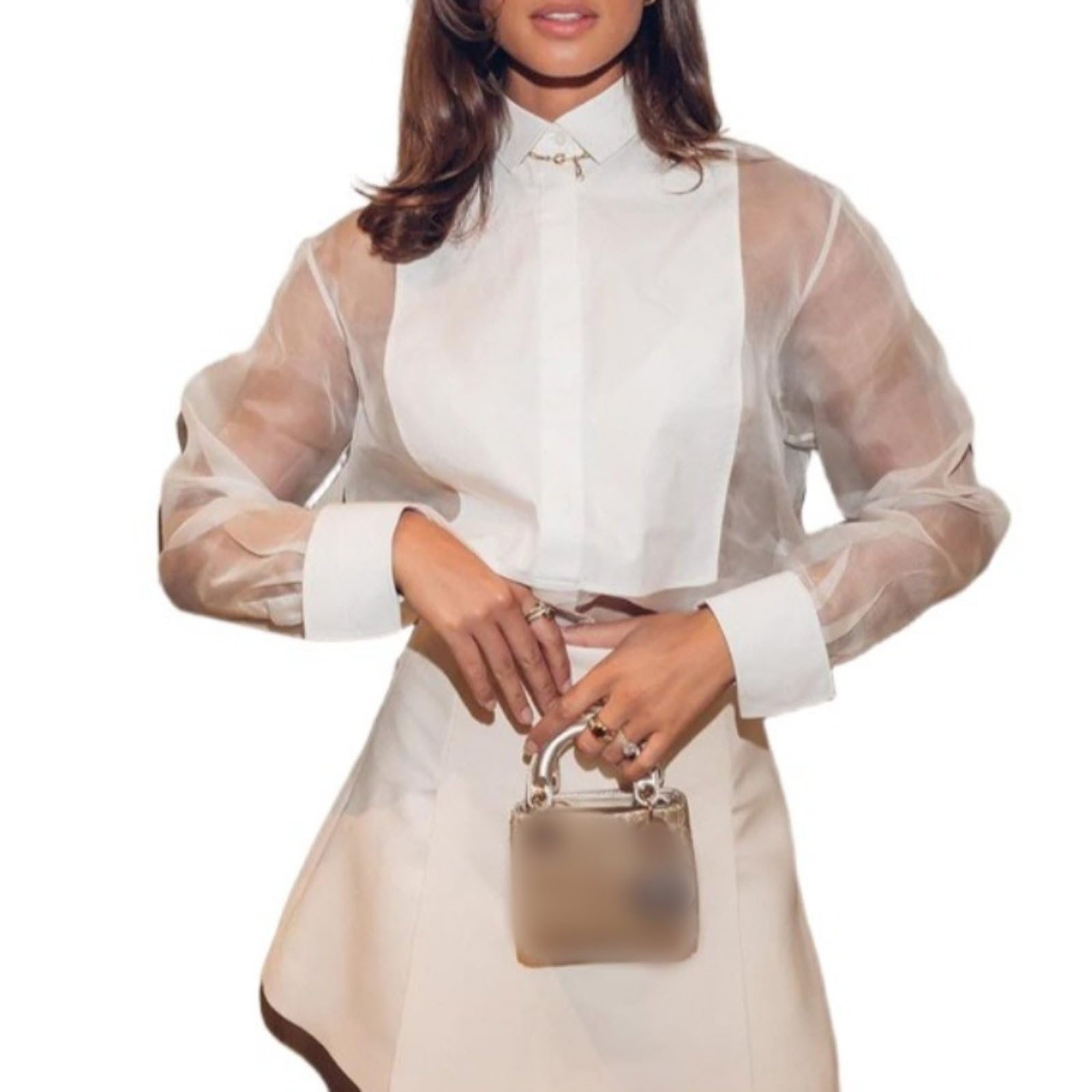 Elegante Camicetta Patchwork Bianca Da Donna Manica Lunga Pura Risvolto Camicie Formali Top