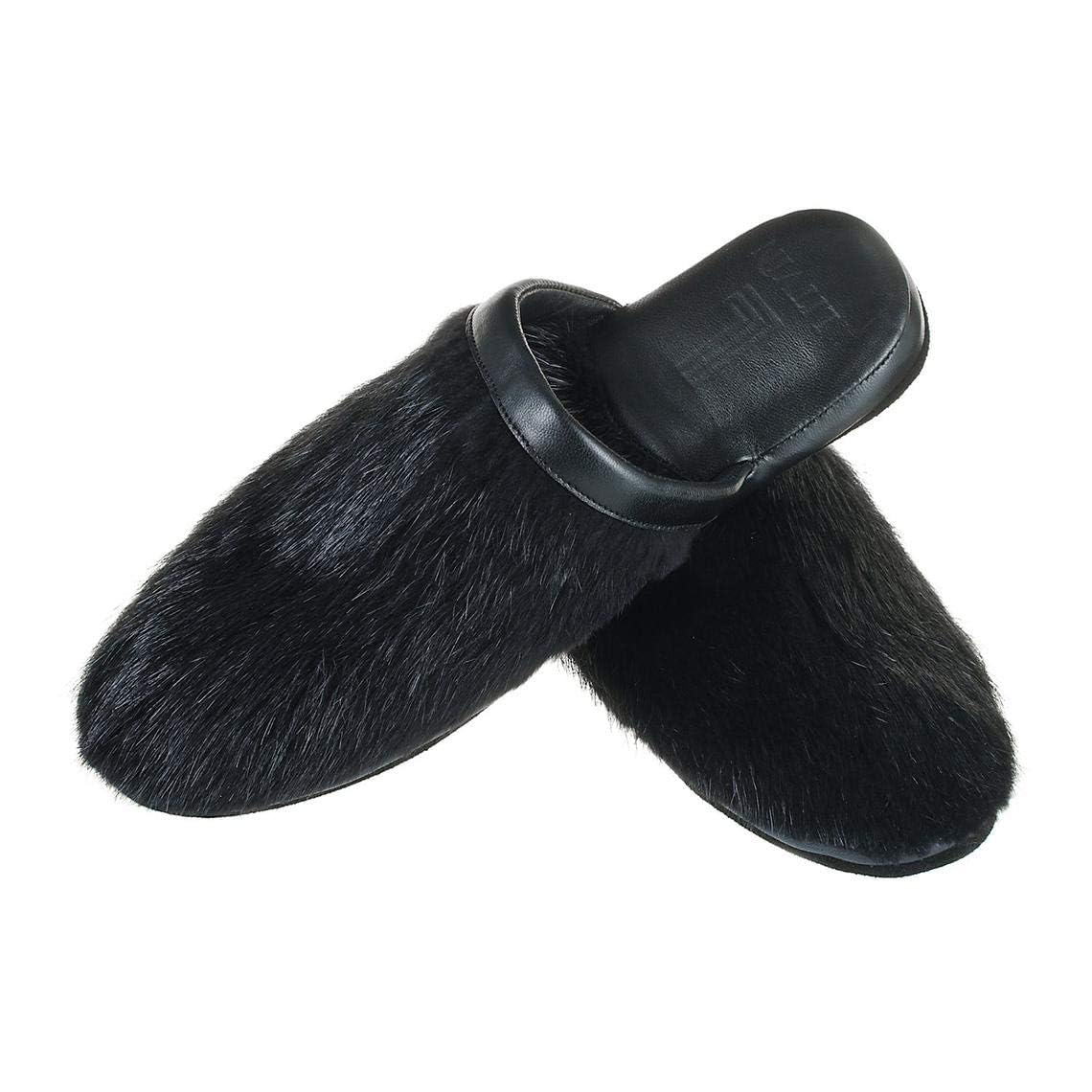 Black Slippers Mens house Shoes Leather Slippers Natural Color Fur of Nutria Slippers Closed Toe Slippers Home Slippers
