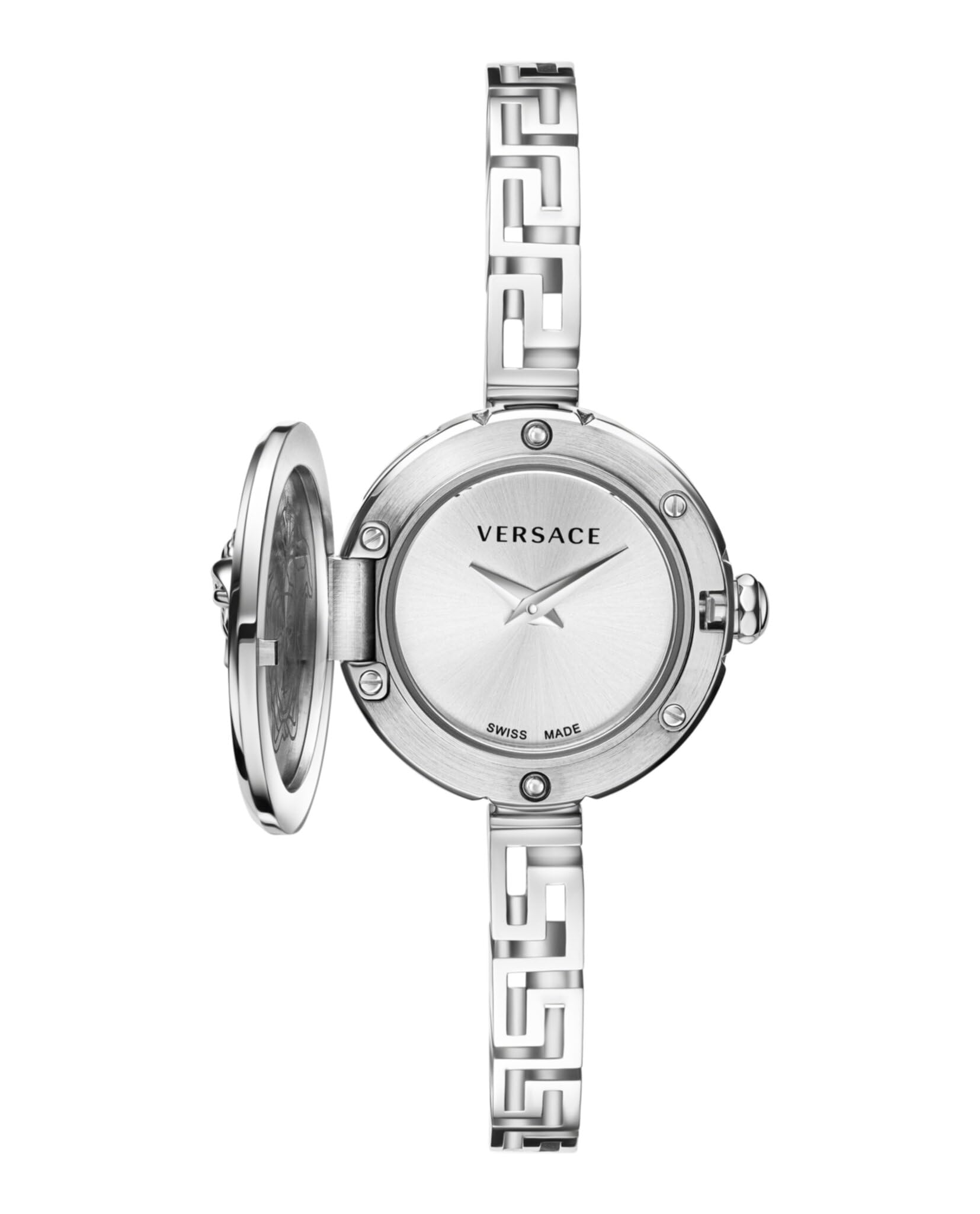 Versace Medusa Secret - Orologio da donna svizzero, di lusso, con quadrante a raggi solari argentati, cassa in acciaio inossidabile da 25 mm, bracciale Greca, chiusura con gioielli, 3 ATM