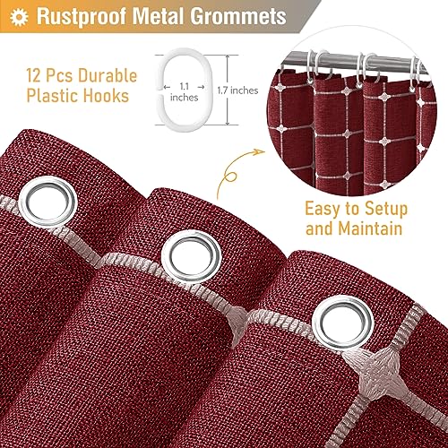 Image of BTTN Boho Farmhouse Shower Curtain, Linen Rustic Heavy Duty Fabric Shower Curtain Set with Tassel, Water Repellent, Bohemian Vintage Country Thick Cloth Shower Curtains for Bathroom - Burgundy - 72x72