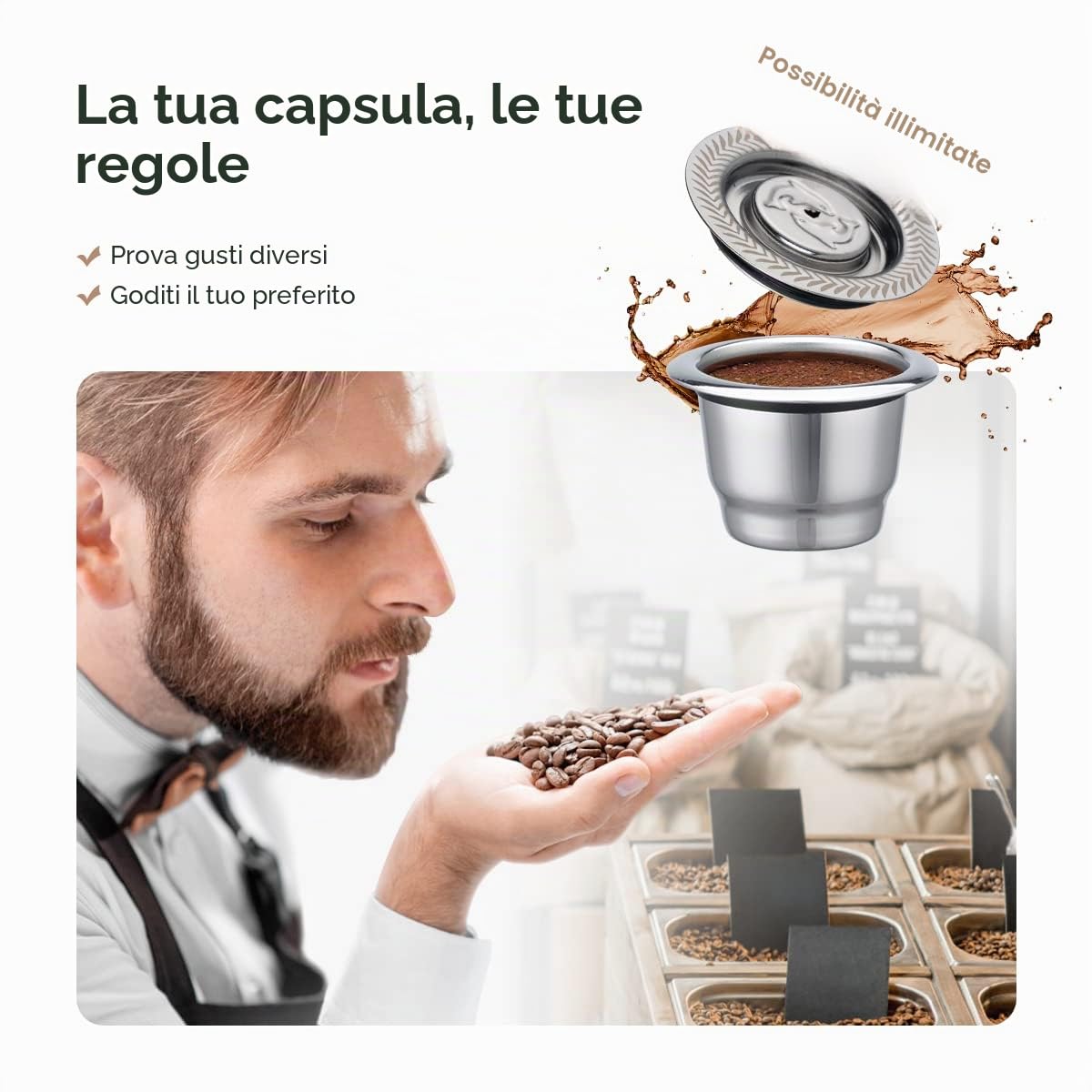 Capsule riutilizzabili Nespresso in acciaio inox, 2 cialde ricaricabili per macchine originali Nespresso + 1 manomissione + 1 cucchiaio + 1 pennello