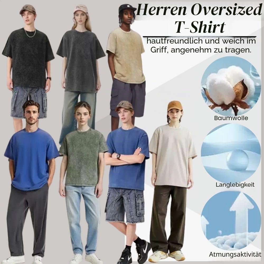 Herren Oversized T-Shirt 3er Pack Herren Basic Baumwolle T-Shirt Sommer Retro Washed Top Unisex Mode Hip Hop Vintage Casual Tee Shirts