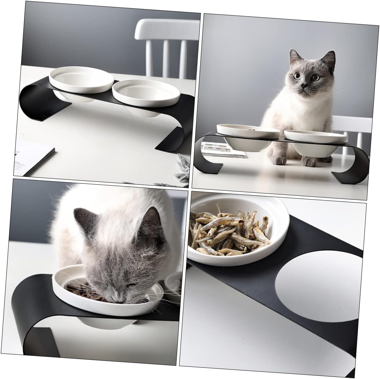 POPETPOP 1Pc Elevated Cat Feeding Bowl with Iron Rack Black White Ceramic Pet Feeder for Cats and Pets Durable Convenient Design for Food and Water Storage