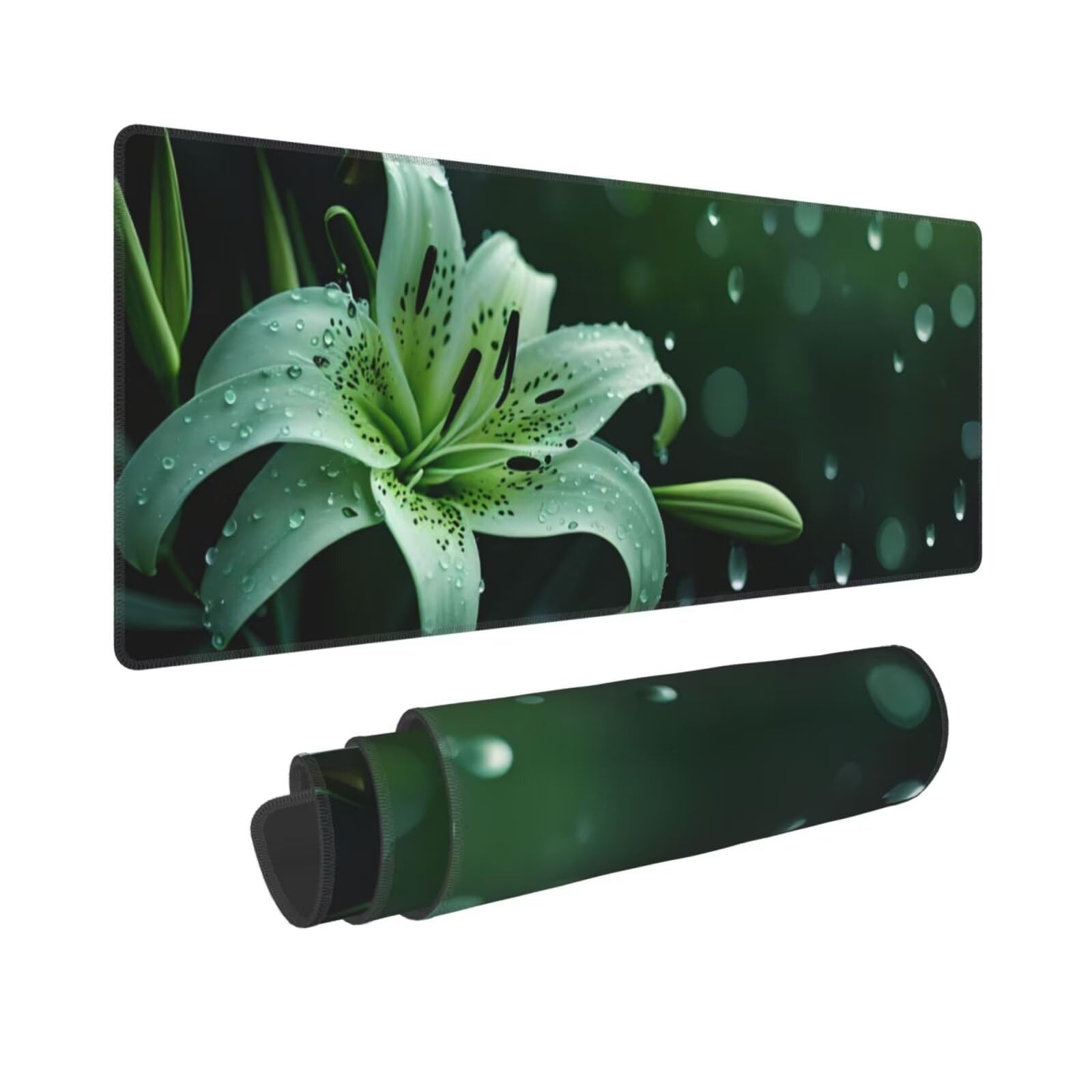 Tappetino Mouse, Tappetino Mouse Gaming Grande XXL 1500x800x3mm Tappetino Scrivania Mouse Pad, Base in Gomma Antiscivolo, Bordi Cuciti, Mousepad per Ufficio e Gaming (Fiore di giglio verde) R-456