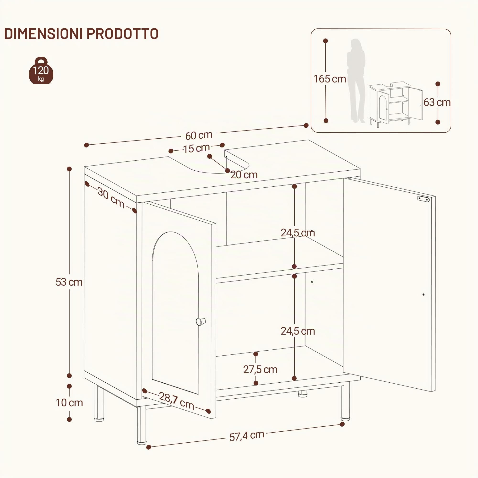 Hzuaneri Mobiletto Sottolavandino Armadietto Sottolavabo Scaffale per Il Bagno con 2 Ante 2 Scompartimenti Ripiani Regolabili a Prova di umidità 30 x 60 x 63 cm Bianco BC19103X