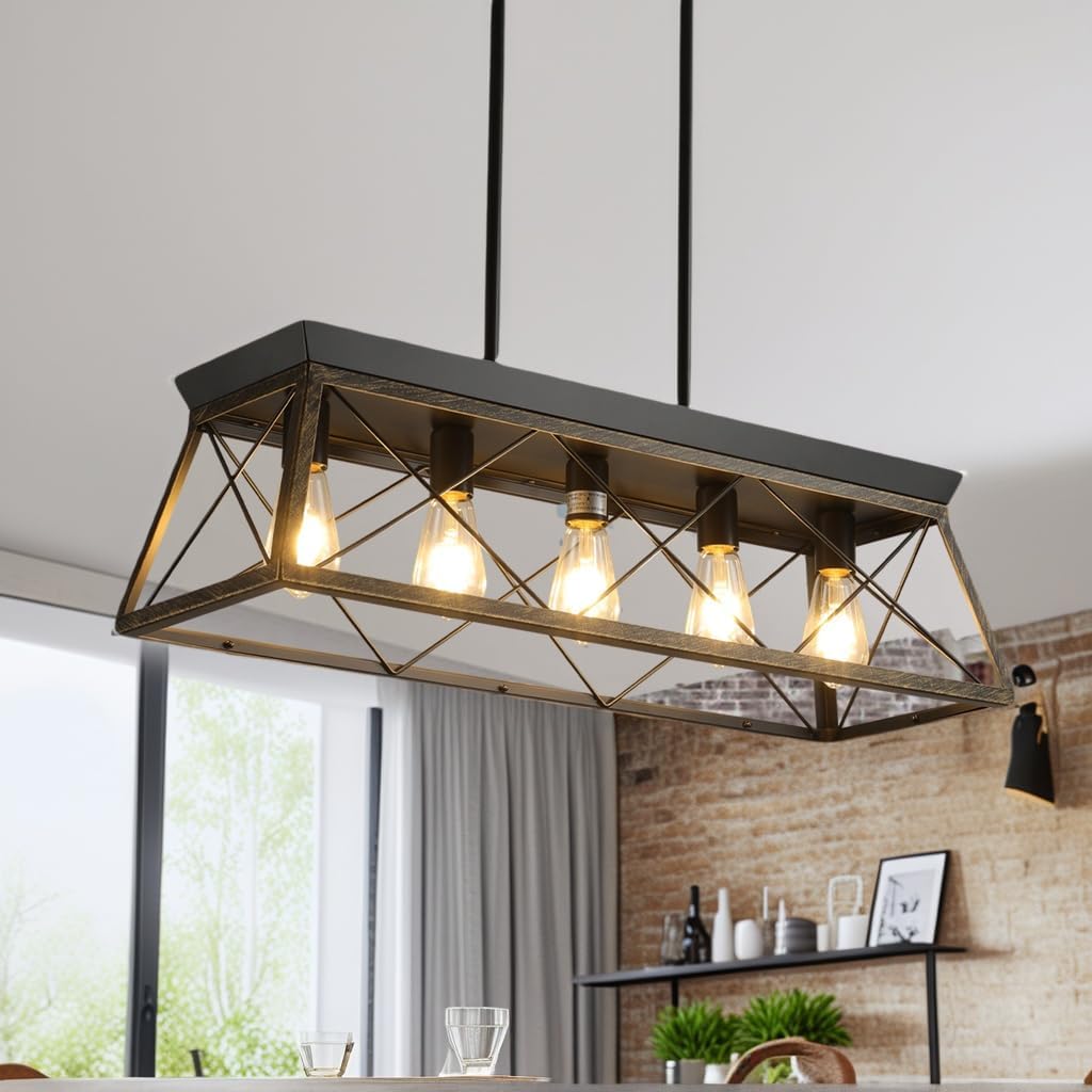32" Farmhouse Dining Room Light Fixture,5-Light Pendant Lights Kitchen Island with Industrial Modern Metal Cage,Black Farmhouse Chandelier for Dining Room,Living Room (Gold+Black, 31.5" L*10.2" W)