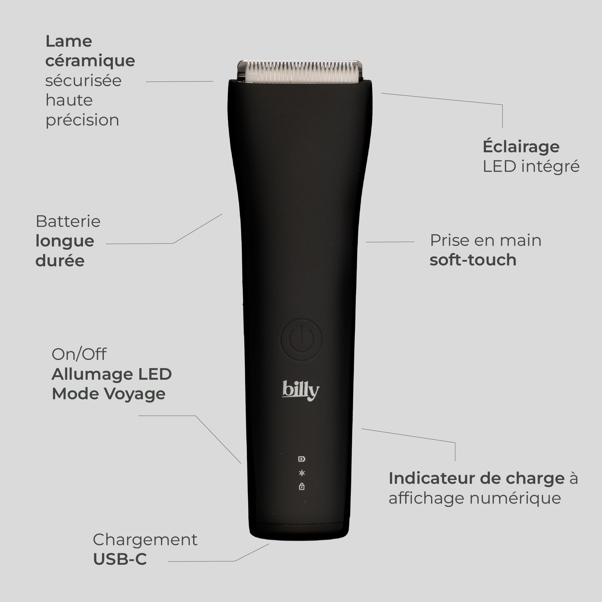 La billy noire - La tondeuse intime anti-coupure, anti-poils incarnés. Hommes/Femmes. USB-C. LED. Offre groupée Base incluse