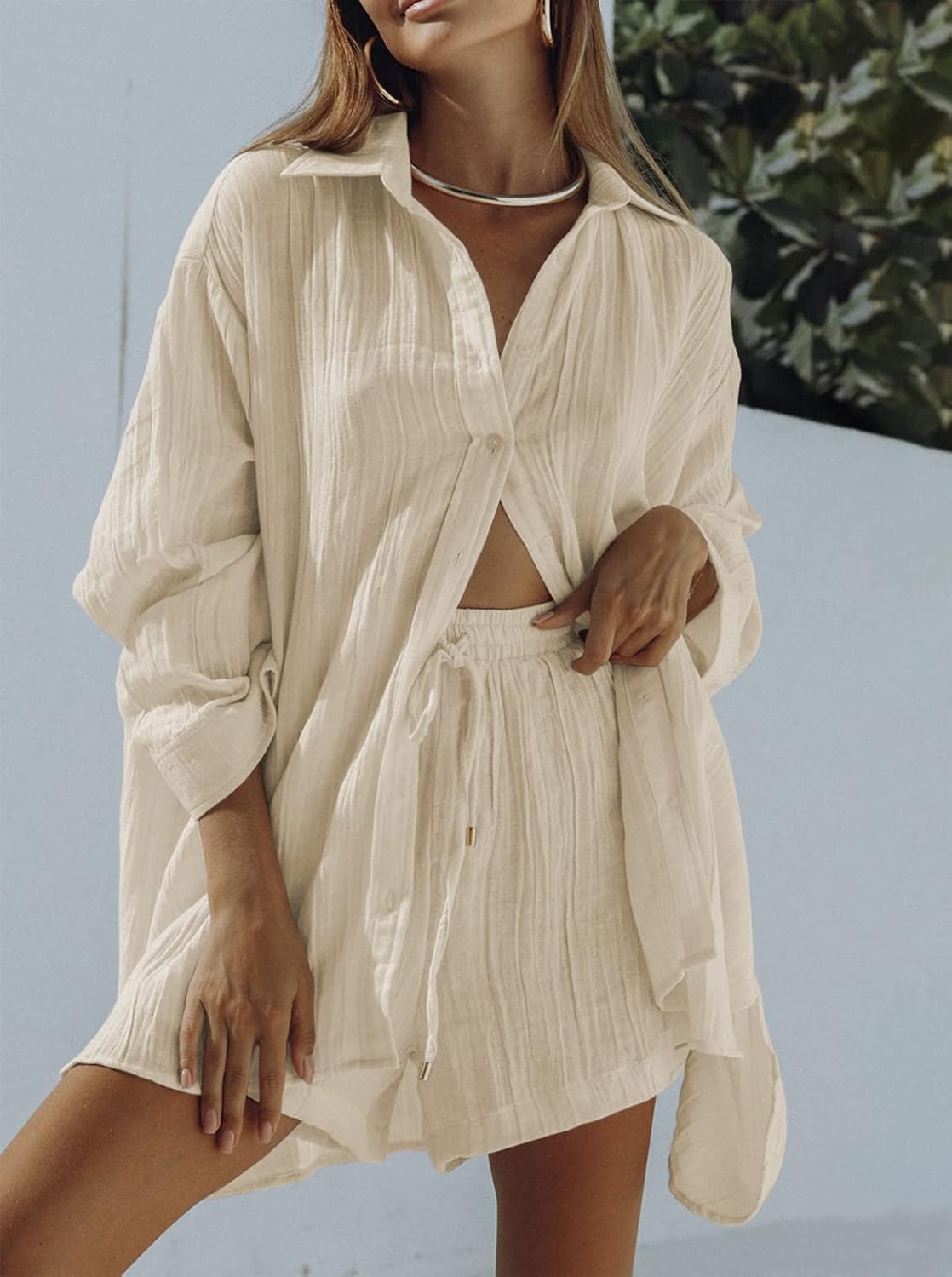 Fixmatti Women 2 Piece Outfits Long Sleeve Button Down Blouse and Shorts Sweatsuit Sets - Image 9