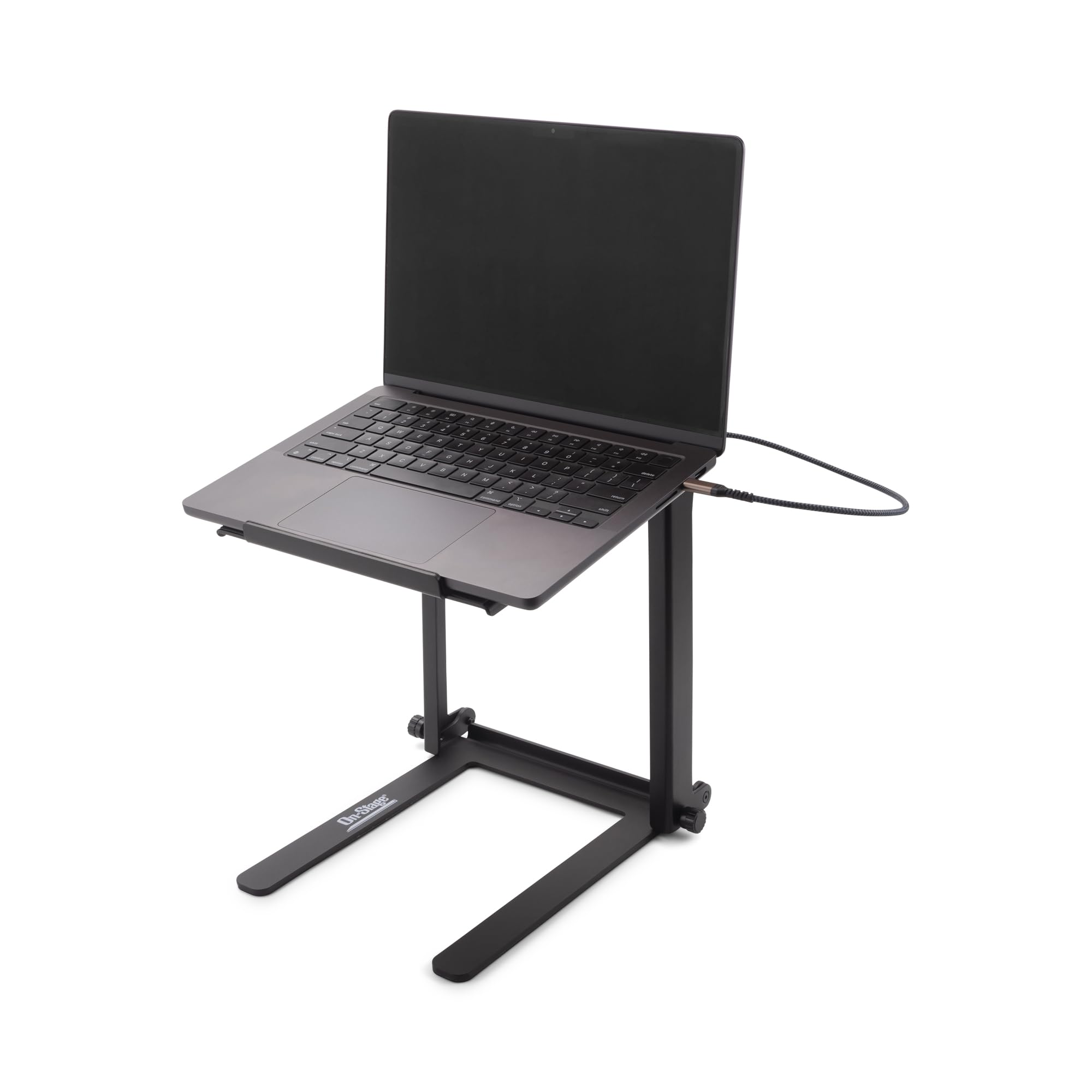 OnStage DJ Laptop Stand with USB-A&USB Type-C Ports – Foldable, Angled Platform for Comfortable Viewing & Operating, Built-in Padding & Bumpers for Secure Setup, Holds 3x Its Own Weight – Essential