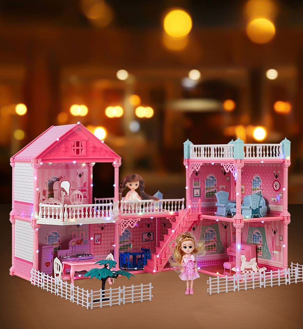 MofishDollhouse Building Toys, Playset with LED Lights, Movable Slides, Stairs, Furniture, Accessories, Dolls and Pets, Cottage Pretend Play House, DIY Creative Gift for Girls (6 rooms 2 layer)