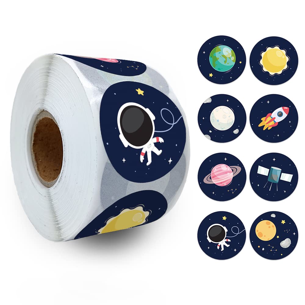 REWIDPARTY Space Theme Motivational Stickers Rolls - 500 PCS Cute Round Planet Incentive Stickers for School, Classroom Rewards