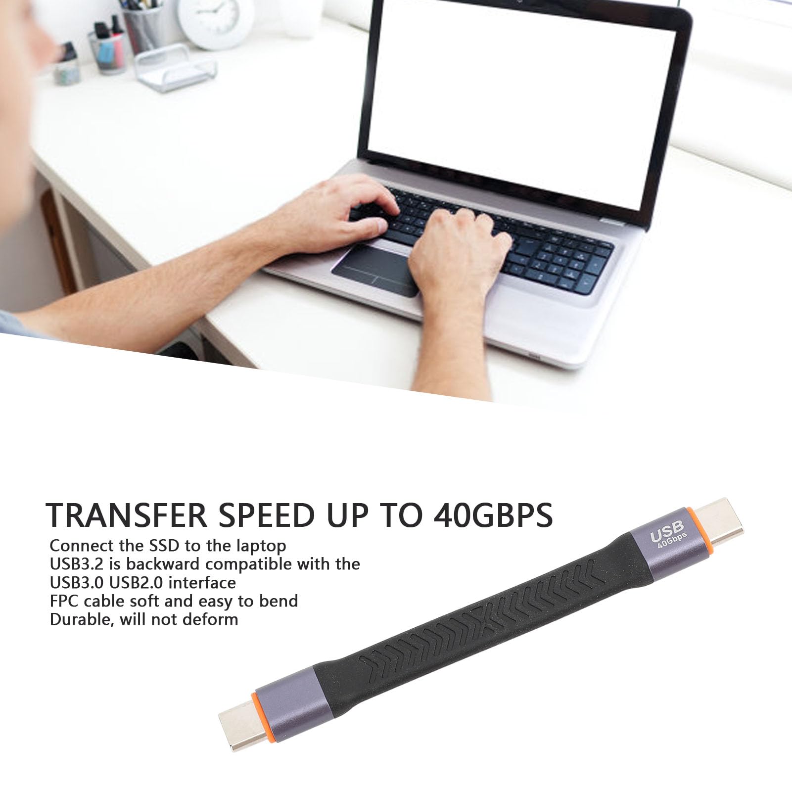 Krótki Kabel USB C 3.2 Gen 2, prędkość Przesyłania Danych 40 Gb/s, Elastyczna Konstrukcja FPC, Obudowa ze Stopu Aluminium, Funkcja Plug and Play, ze Złączem SSD, do Szybkiego