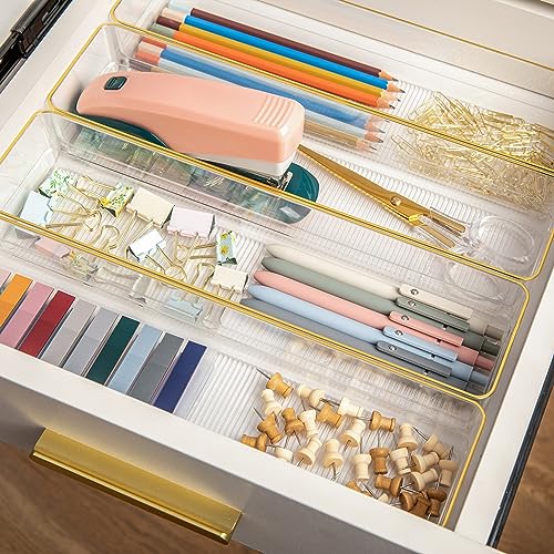 Image of Martha Stewart Kerry Plastic Stackable Office Desk Drawer Organizers, 9 inch x 3 inch, 8 Pack, with Gold Trim