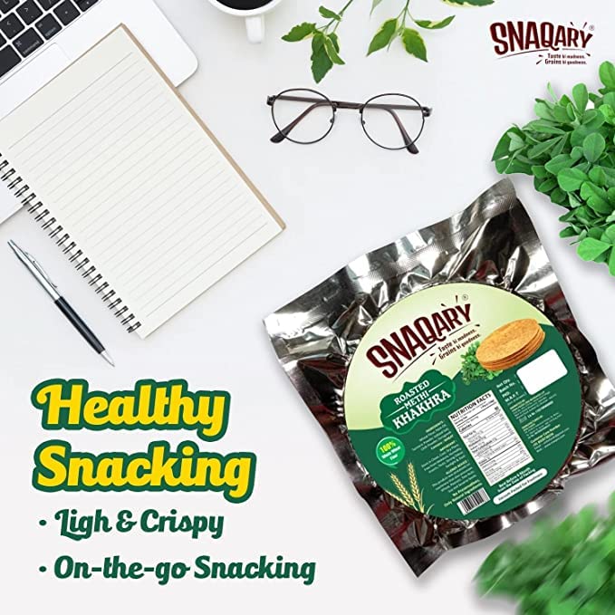 Image of Snaqary All In 1 Whole Wheat Flour Khakhra Roasted Jeera Khakhra, pack of 2, Healthy Indian Snacks, Crispy and Crunchy Delicious snacks (Roasted Methi Khakhra, 1)