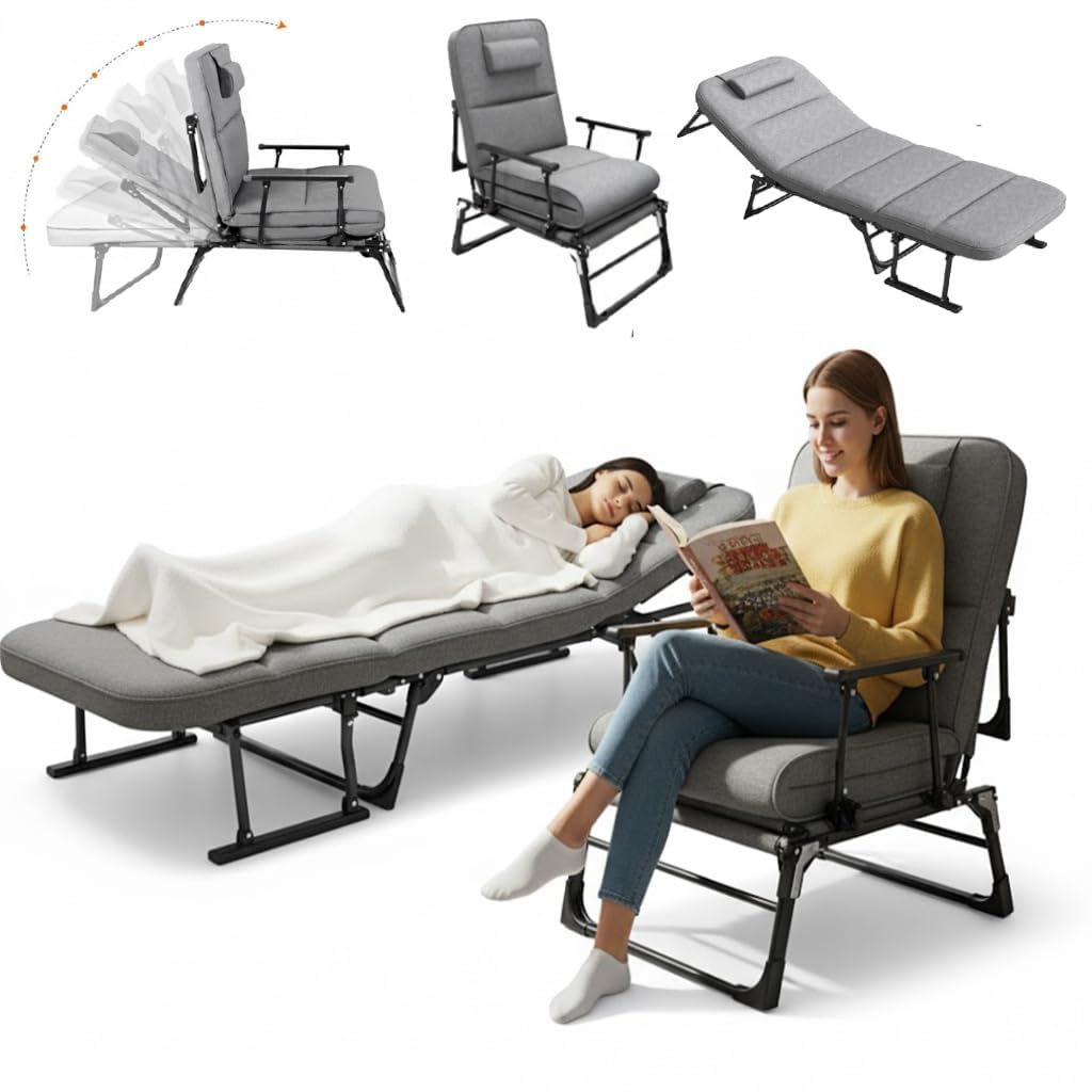 Hukimoyo 6-in-1 Folding Bed Single for Sleeping Adults with Cushion, Pillow, Adjustable Recliner Lounge Chair, 1 Seater Sofa Cum Bed, Portable Foldable Cot for Camping, Office Nap, Home (200 kg)-image-2
