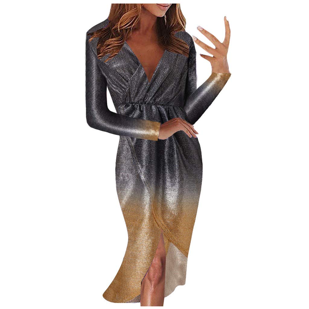 Bringbring Women Skinny Nightclub Party Dresses V-Neck Hollow Out Long Lantern Sleeve O-Neck Gradient Fork Opening Patchwork Cotton+Polyester Dress