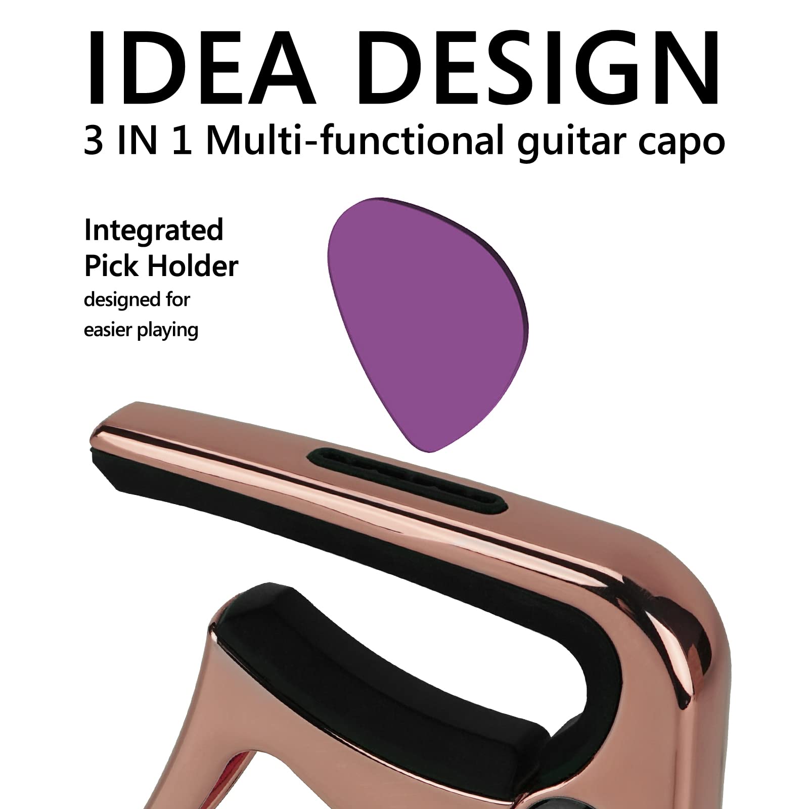 GEEKRIA Kapodaster gitarowy 3 w 1, metalowy kapodaster ze stopu cynku, do gitar akustycznych i elektrycznych, ukulele, mandoliny, akcesoria do gitary klasycznej (różowe złoto)