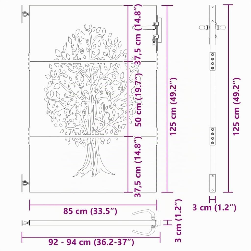 vidaXL Portail de jardin 85x125 cm acier corten conception de l'arbre
