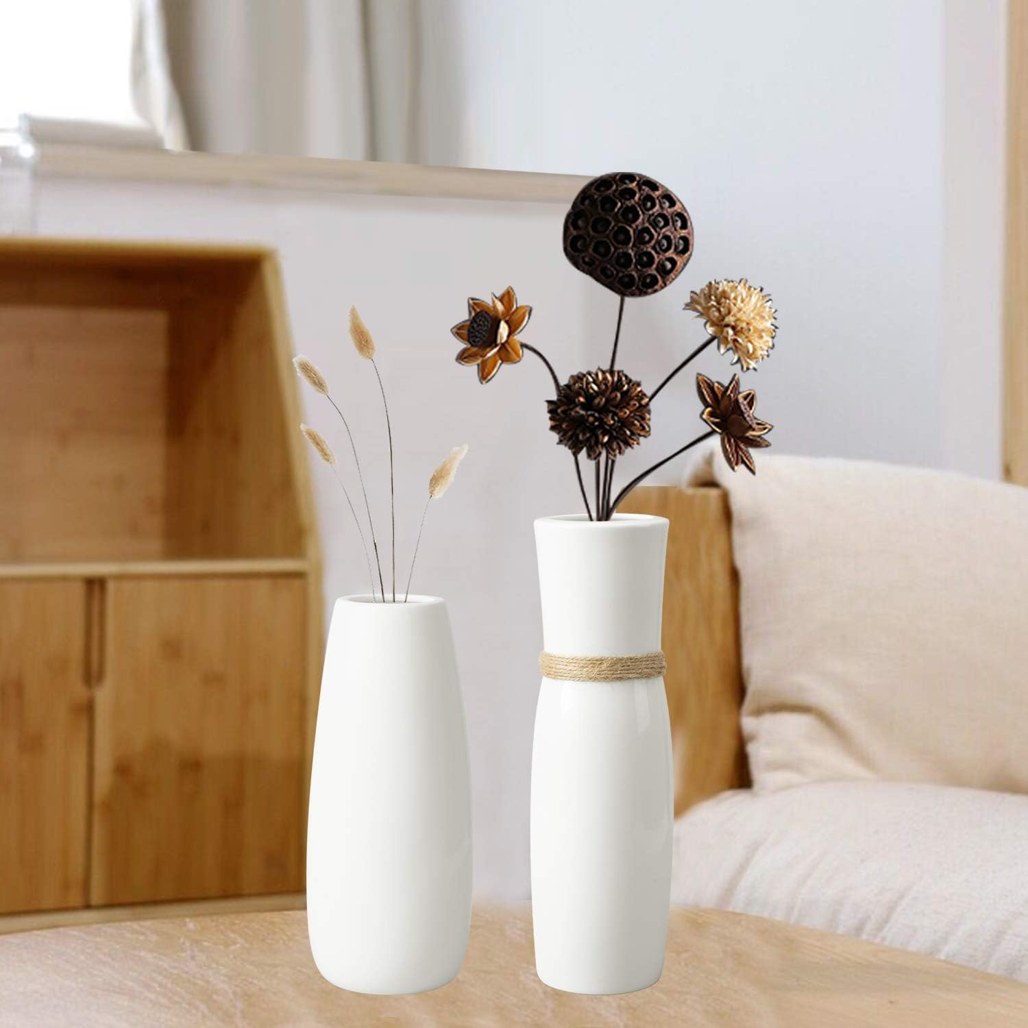 Jelofly White Ceramic Vases Flower Vase Different with Unique Rope Design for Home Décor – Set of 2