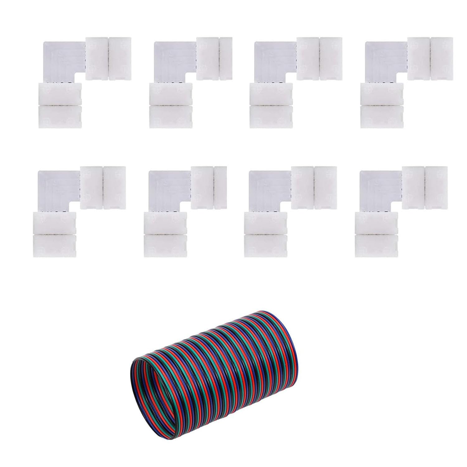 ENQIMAOYI 8pcs 4Pin RGB LED Strip Connector L-Type 10MM, 16.4FT/5M LED Strip Extension Cable for 5050 3528 RGB LED Strip Light, with Wire Quick Connection, 22-20 AWG