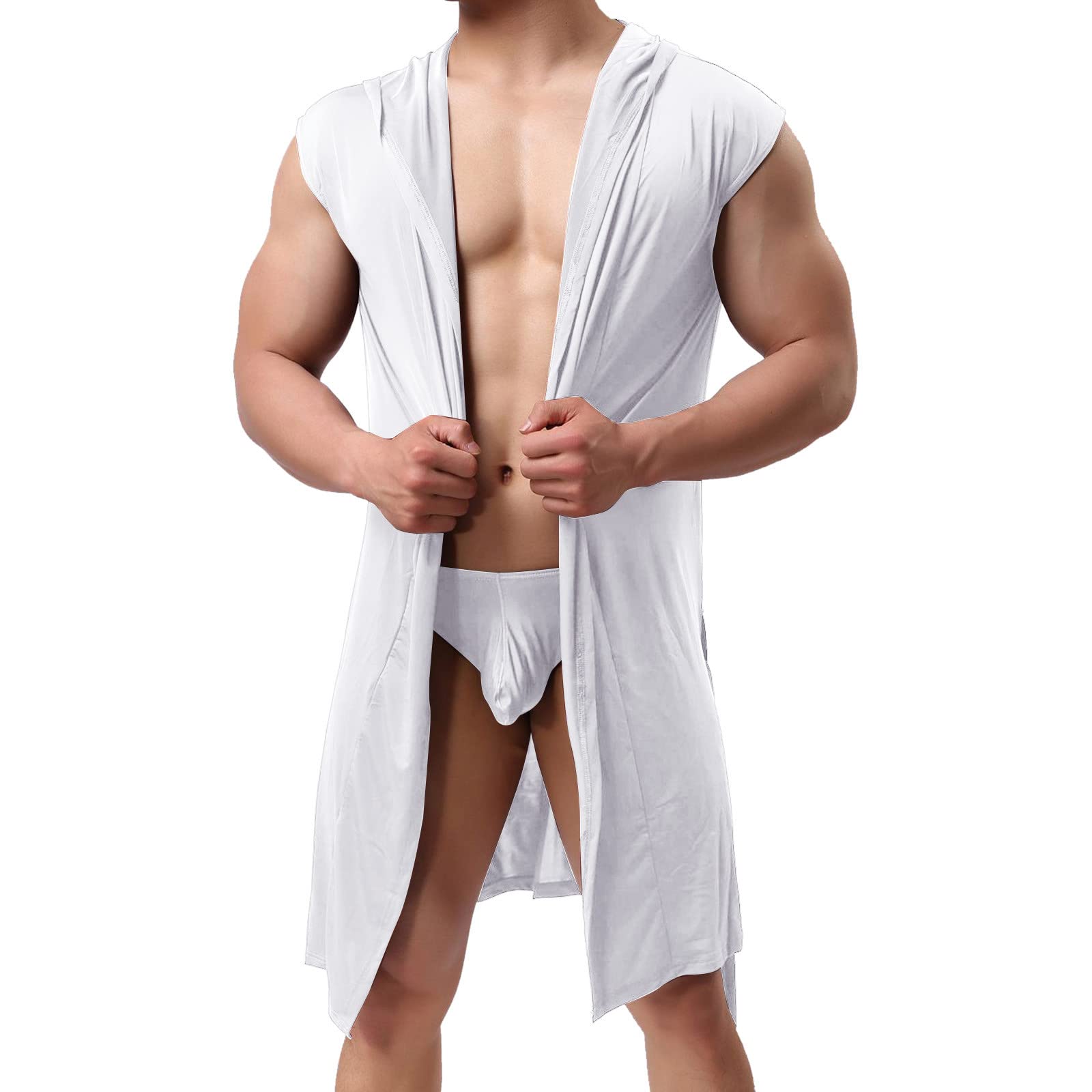 IQYU Albornoz Hombre Ligero Delgado Corto Bata de Sauna Delgada Con Cinturón Corto Sin Mangas Kimono Albornoz de Viaje Albornoz de Verano Albornoces Camisón/Ropa de Dormir Hombres Regalos
