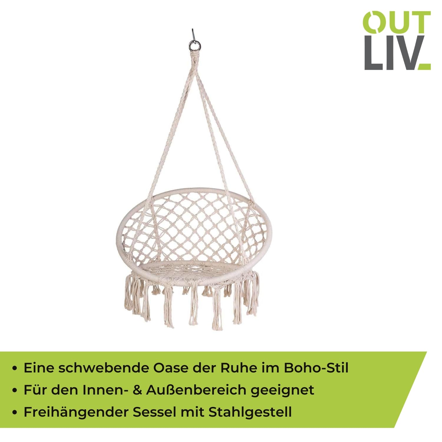 OUTLIV. Hängesessel Boho, aus Stahl Rope, Wasserabweisend, Freihängend, für Erwachsene und Kinder, Ø45cm, 63x80x45cm, Belastbarkeit 110kg, Beige