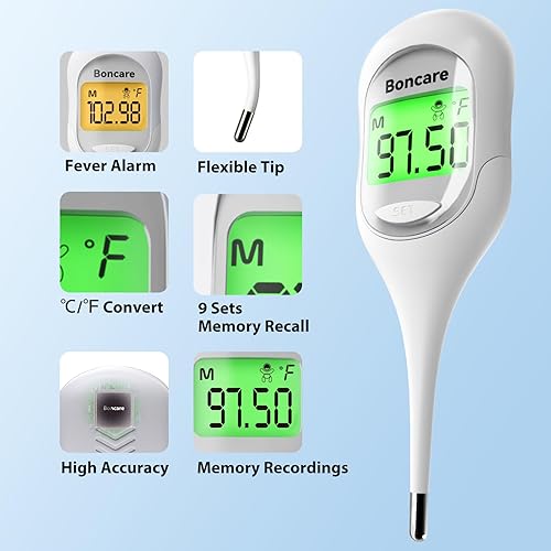 Boncare 9 Seconds Basal Body Thermometer for Ovulation, Oral Thermometer for Adults and Kids - Accurate Rectal Thermometer, with Fever Alarm and Large Display (Rice-White)(Rice-white)