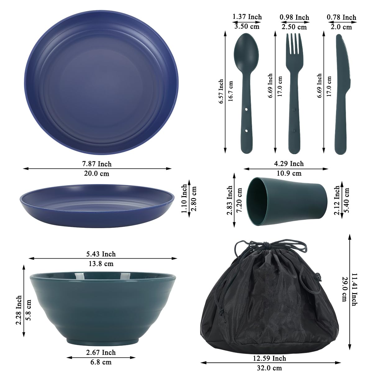 Utensili da campeggio per 2 con ciotola, piatto, tazza, cucchiaio, forchetta, coltello e borsa per il trasporto, accessori da campeggio in plastica Attrezzatura essenziale per viaggi, picnic