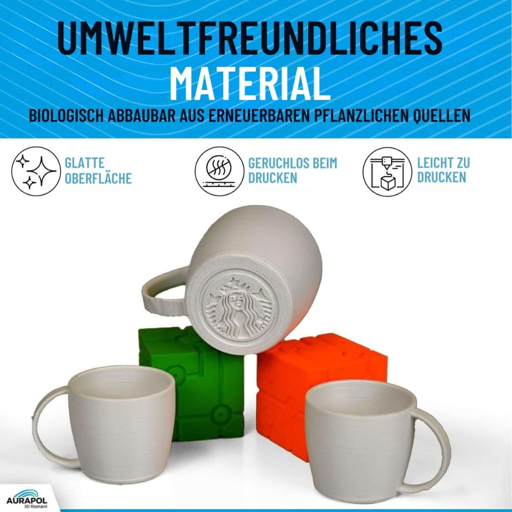 AURAPOL Filament 1,75 PLA, 1 kg filament do drukarki 3D, filament PLA z precyzją 1,75 mm +/- 0,02 mm, filament premium kompatybilny z większością drukarek 3D FDM (FFF) i długopisów 3D, biały